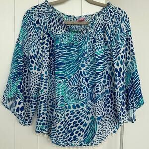 Lilly Pulitzer Nita Off-Shoulder Top Blue Tang Gang Print PomPom Trim,Size S,EUC